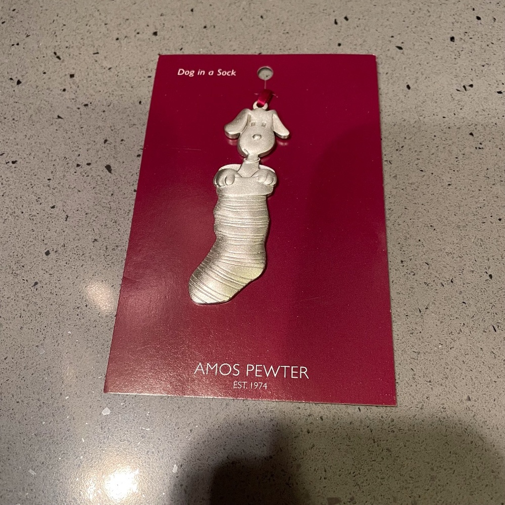 Amos Pewter Dog in Stocking ornament